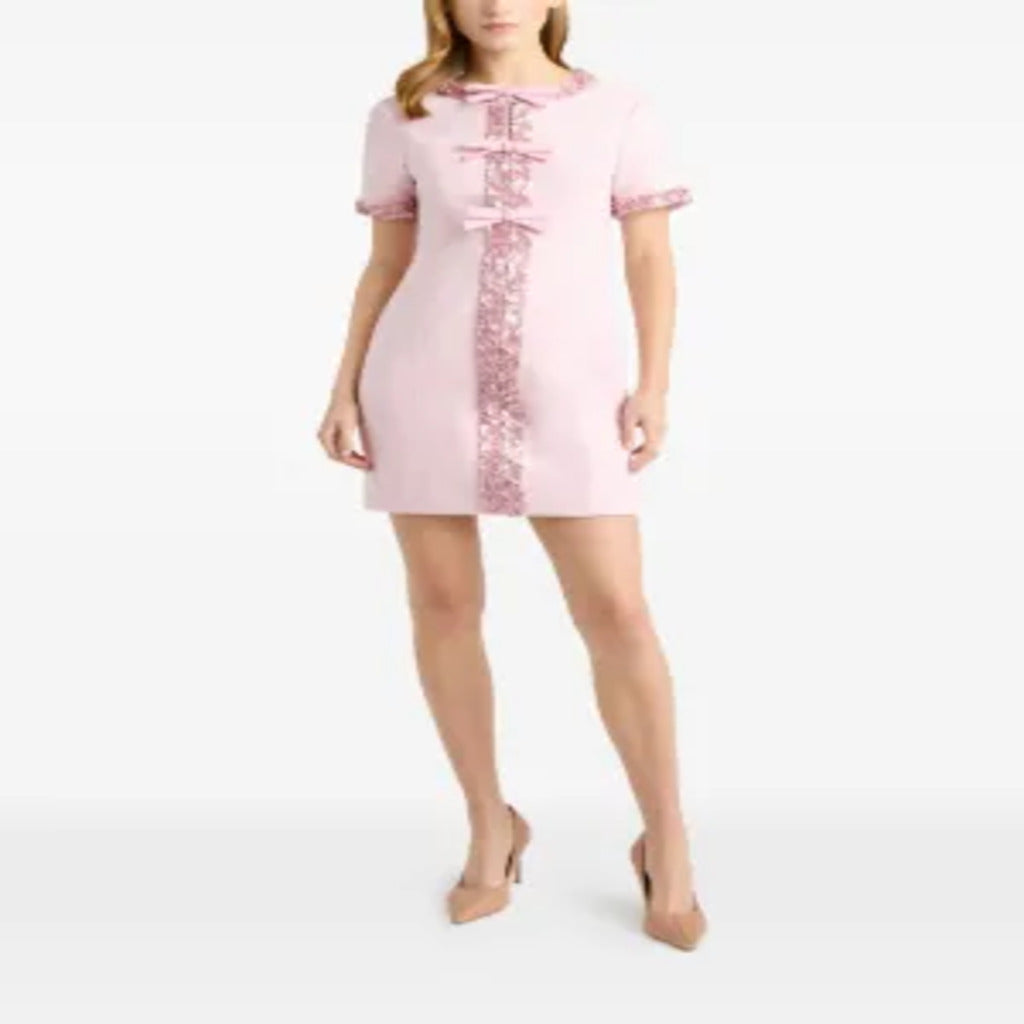 Pink Sequined Bow Decor Short Sleeve Mini Sheath Dress