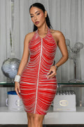 Halter Neck Backless Hot Drillings Decor Bodycon Party Mini Dresses-Red
