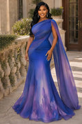 Ombre Oblique Collar Long Streamer Wedding Maxi Dresses-Purple