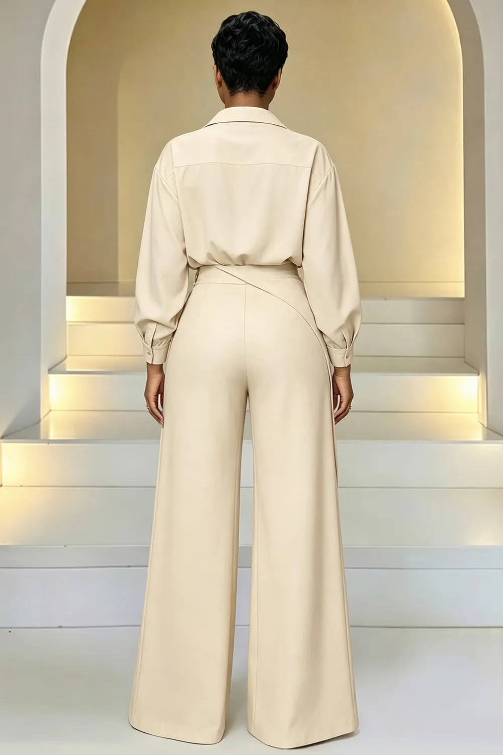 Collar Lantern Sleeve Top Wide Leg Pants 2pcs Set-Beige