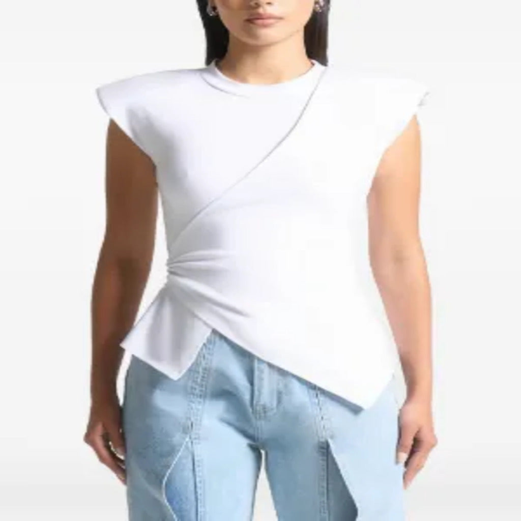 White Padded Shoulder Diagonal Wrap Ruched Asymmetrical Hem Sleeveless Top