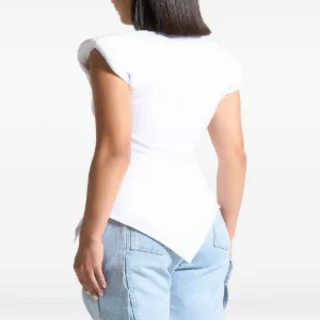 White Padded Shoulder Diagonal Wrap Ruched Asymmetrical Hem Sleeveless Top