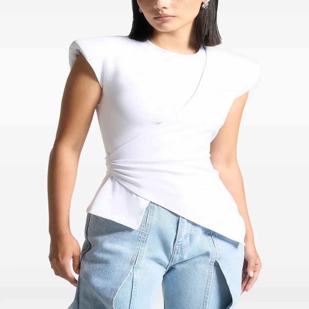 White Padded Shoulder Diagonal Wrap Ruched Asymmetrical Hem Sleeveless Top