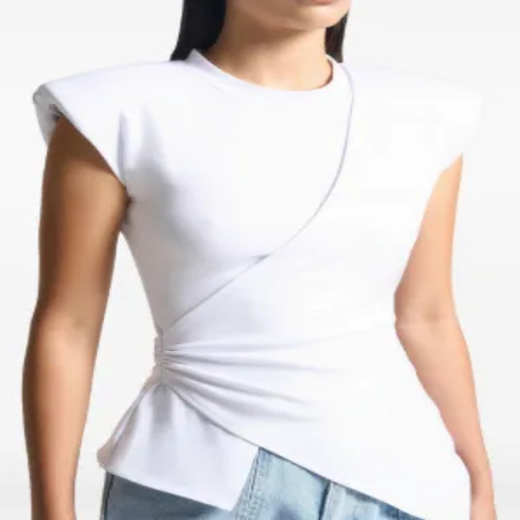 White Padded Shoulder Diagonal Wrap Ruched Asymmetrical Hem Sleeveless Top