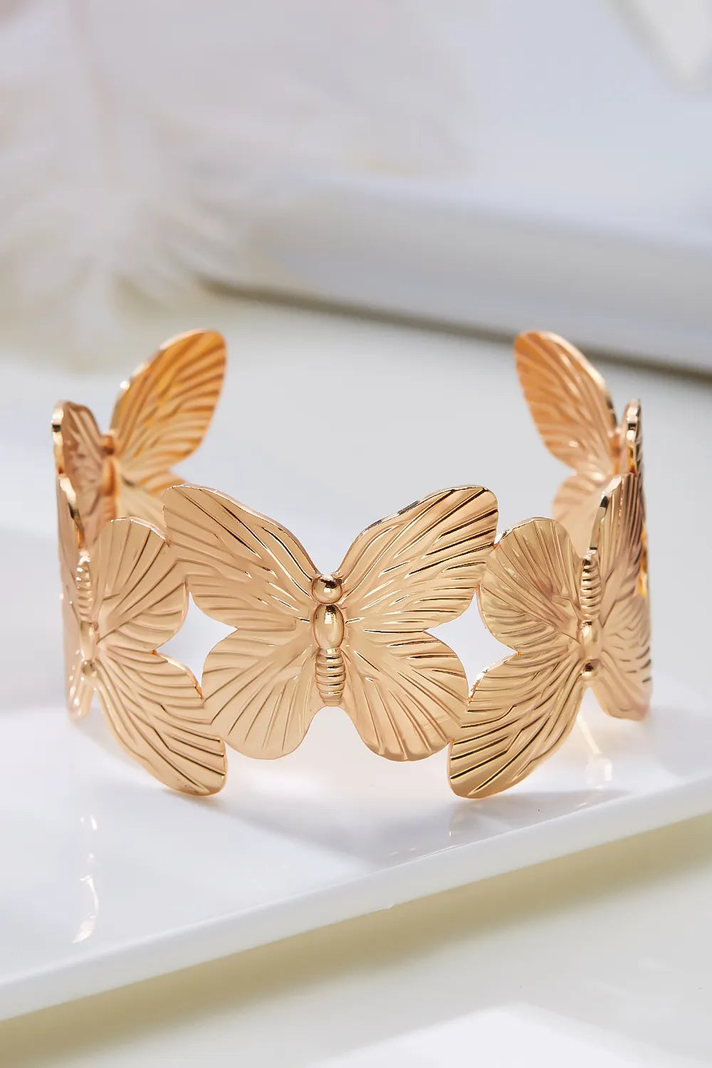 Textured Metal Flower Butterfly Open Cuff Bangle Bracelet