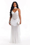 Halter Scarf V Neck Sequin Patchwork Mesh Cami Mermaid Maxi Dresses-White