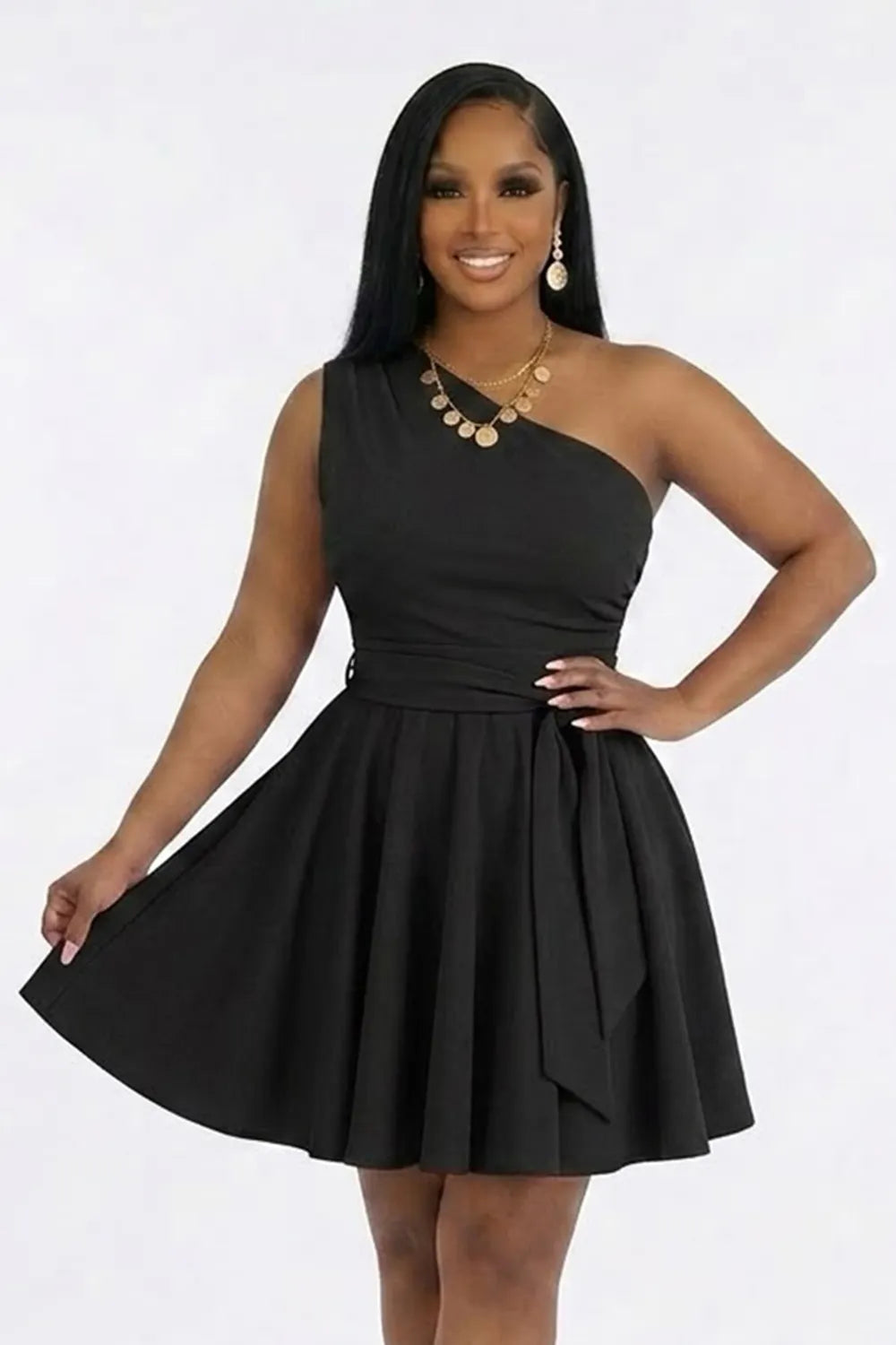 One Shoulder Skew Neck Slant Pocket Cinch Waist Ruched Mini Dresses-Black