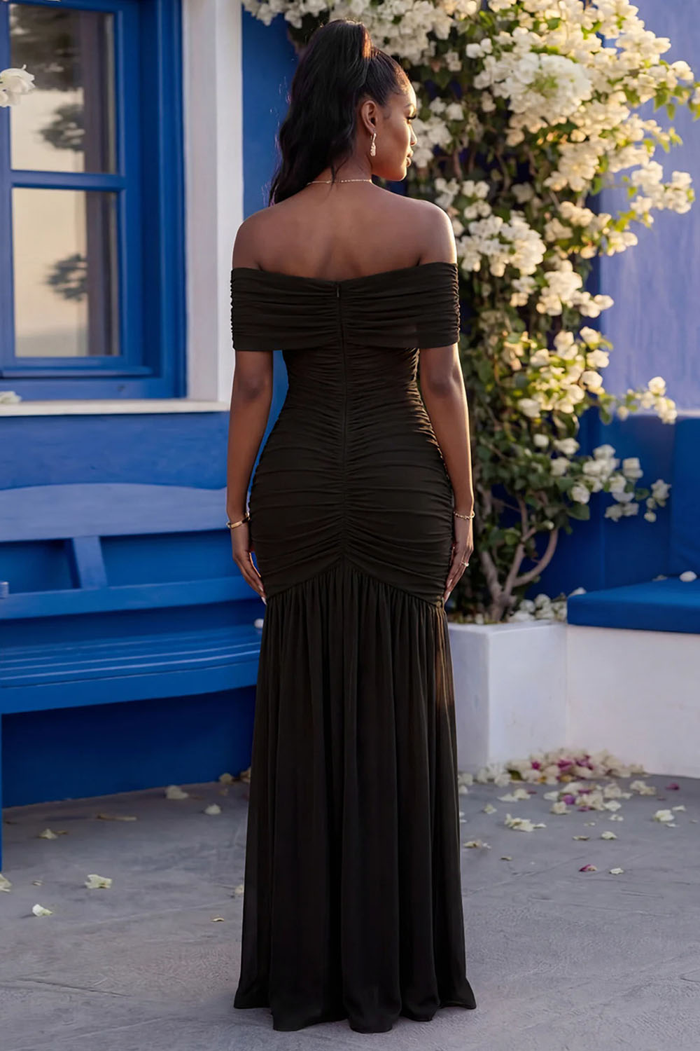 Off Shoulder Metal Decor Cut Out High Slit Ruched Gowns Maxi Dresses-Black