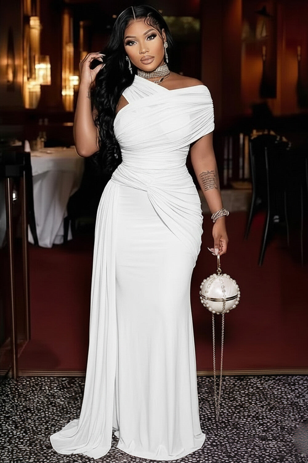 One Shoulder Sash Cinch Waist Fishtail Gowns Maxi Dresses-White