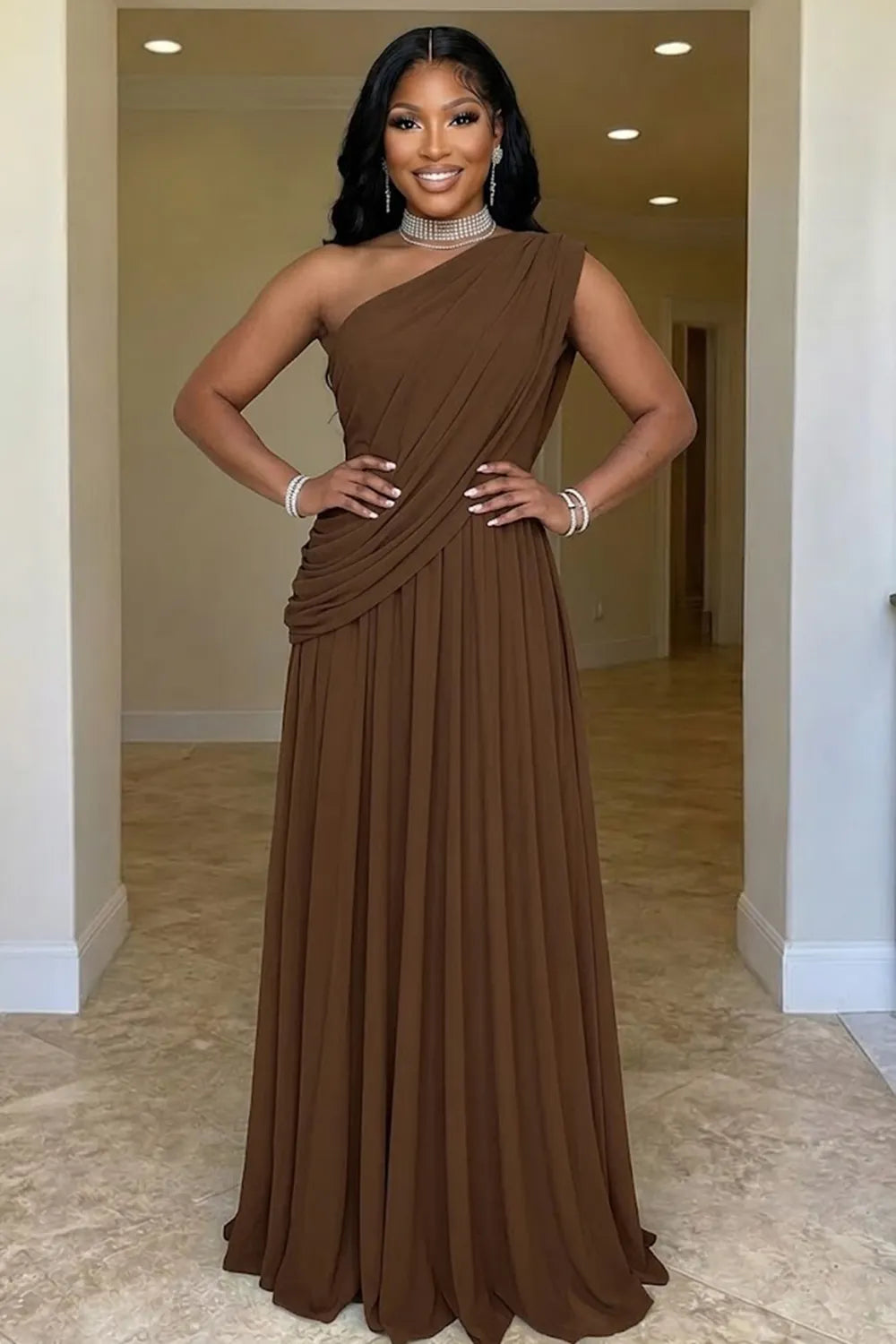 Sloping Shoulder Ruched Sleeveless Chiffon Evening Gowns Maxi Dresses-Yellow