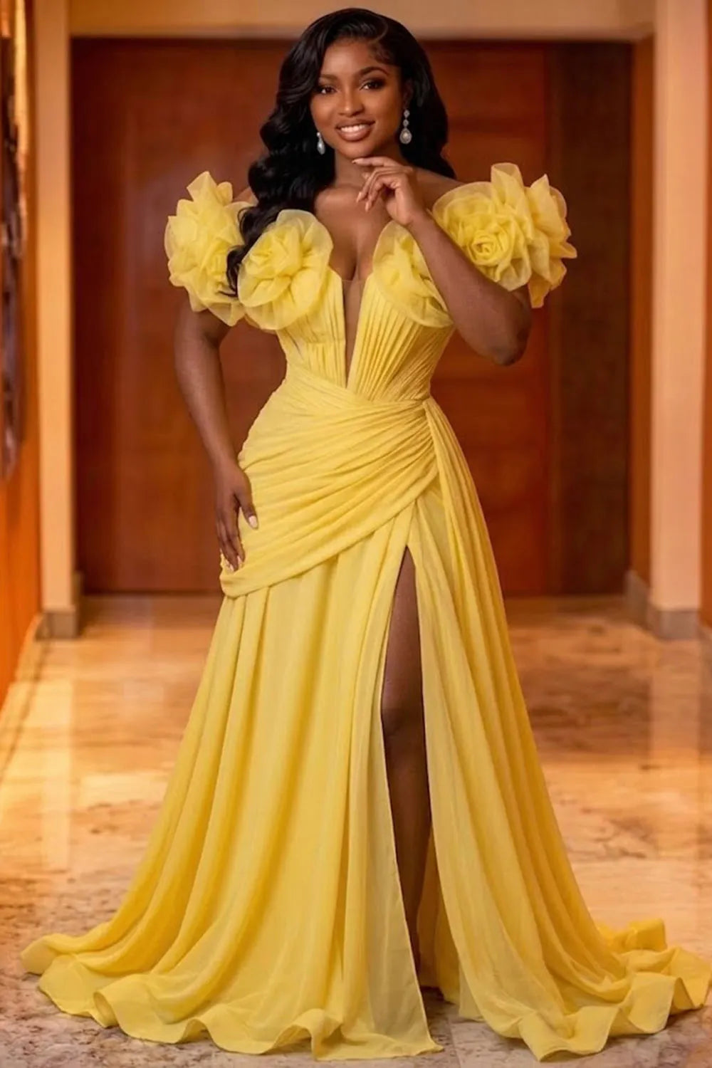 Off Shoulder 3D Floral Slit Ruched Gowns Maxi Dresses-Yellow