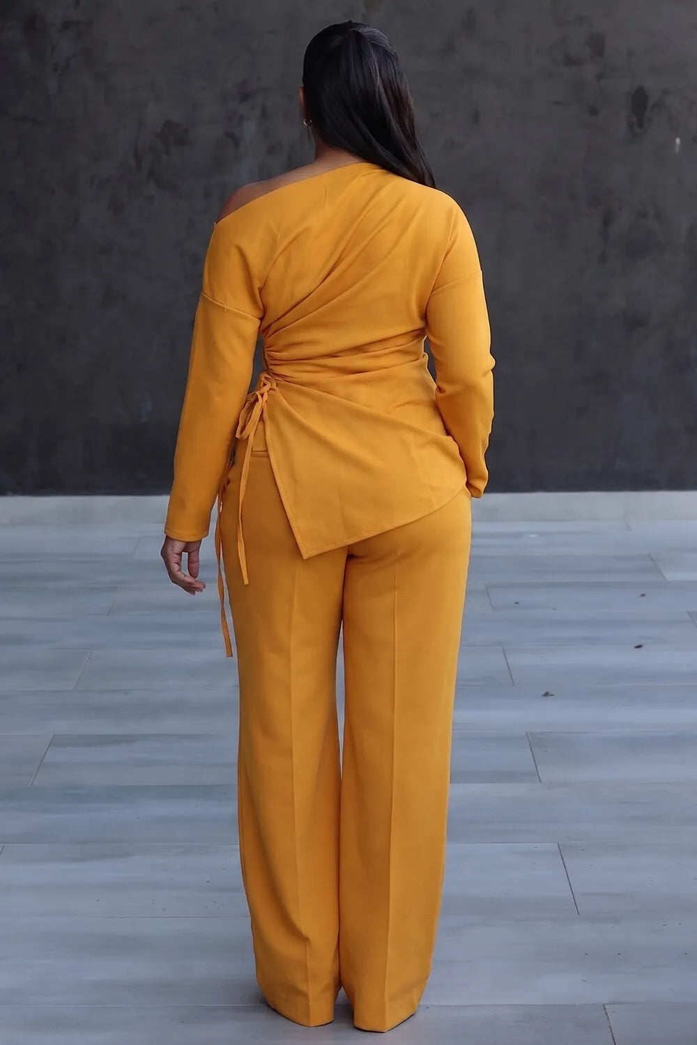Off Shoulder Drawstring Top Straight Leg Pants 2pcs Set-Yellow