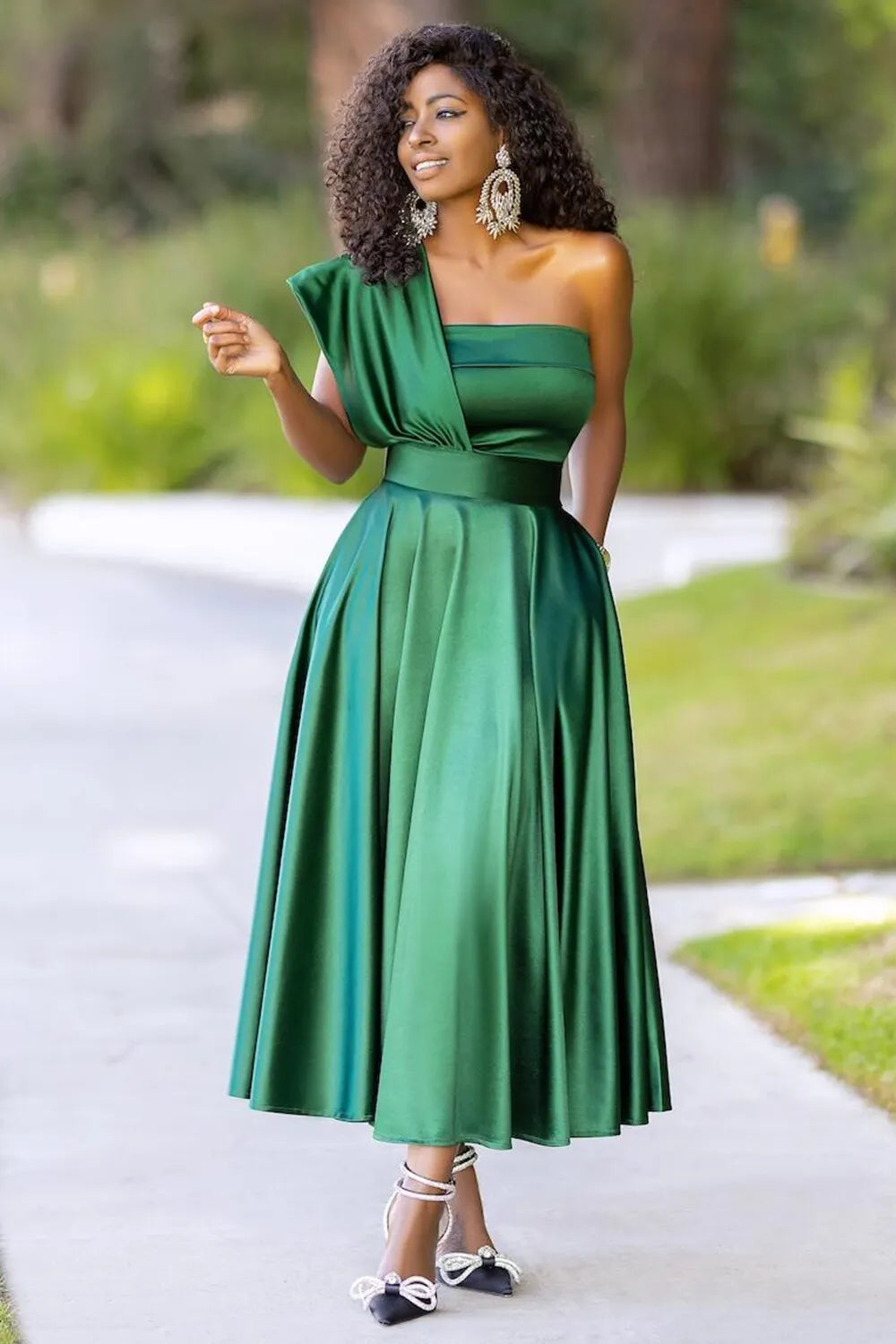 One Shoulder Cinch Waist Solid Color A-Line Midi Dresses-Green