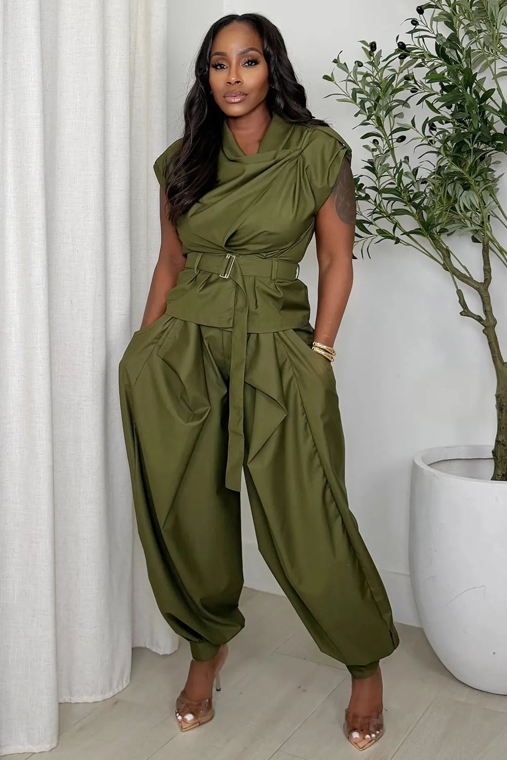 Round Neck Cap Sleeve Top Cuffed Pants Casual 2pcs Set-Green