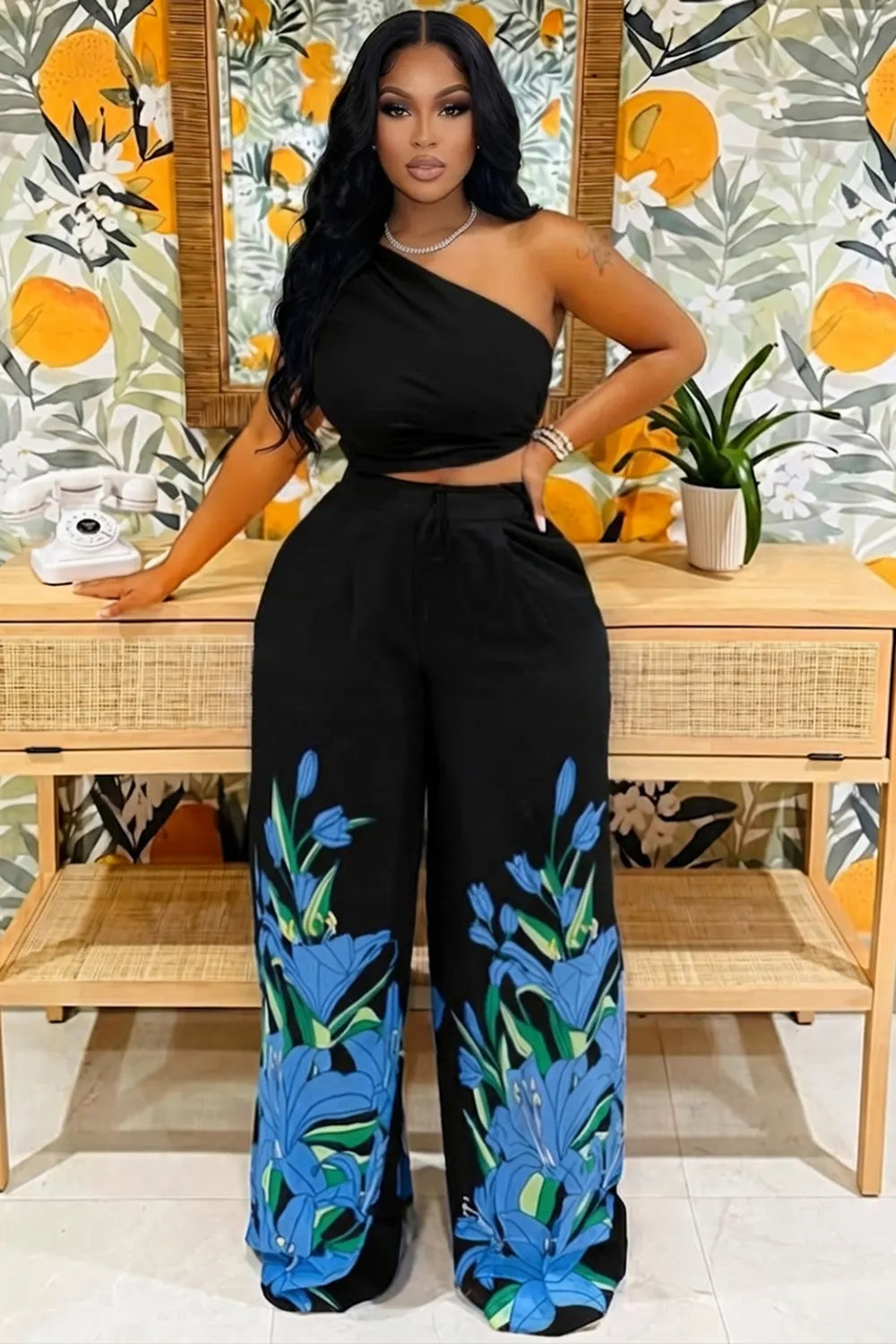 One Shoulder Sleeveless Top Wide Leg Pants Casual 2pcs Set-Black