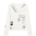 White Rhinestone Graffiti Rock Print Notch V Long Sleeve Tee Top