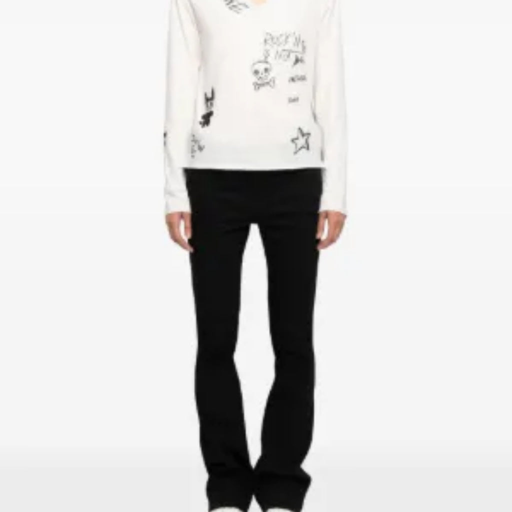 White Rhinestone Graffiti Rock Print Notch V Long Sleeve Tee Top