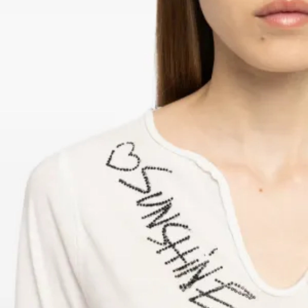 White Rhinestone Graffiti Rock Print Notch V Long Sleeve Tee Top