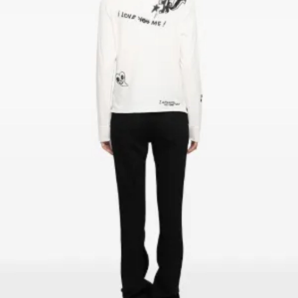 White Rhinestone Graffiti Rock Print Notch V Long Sleeve Tee Top