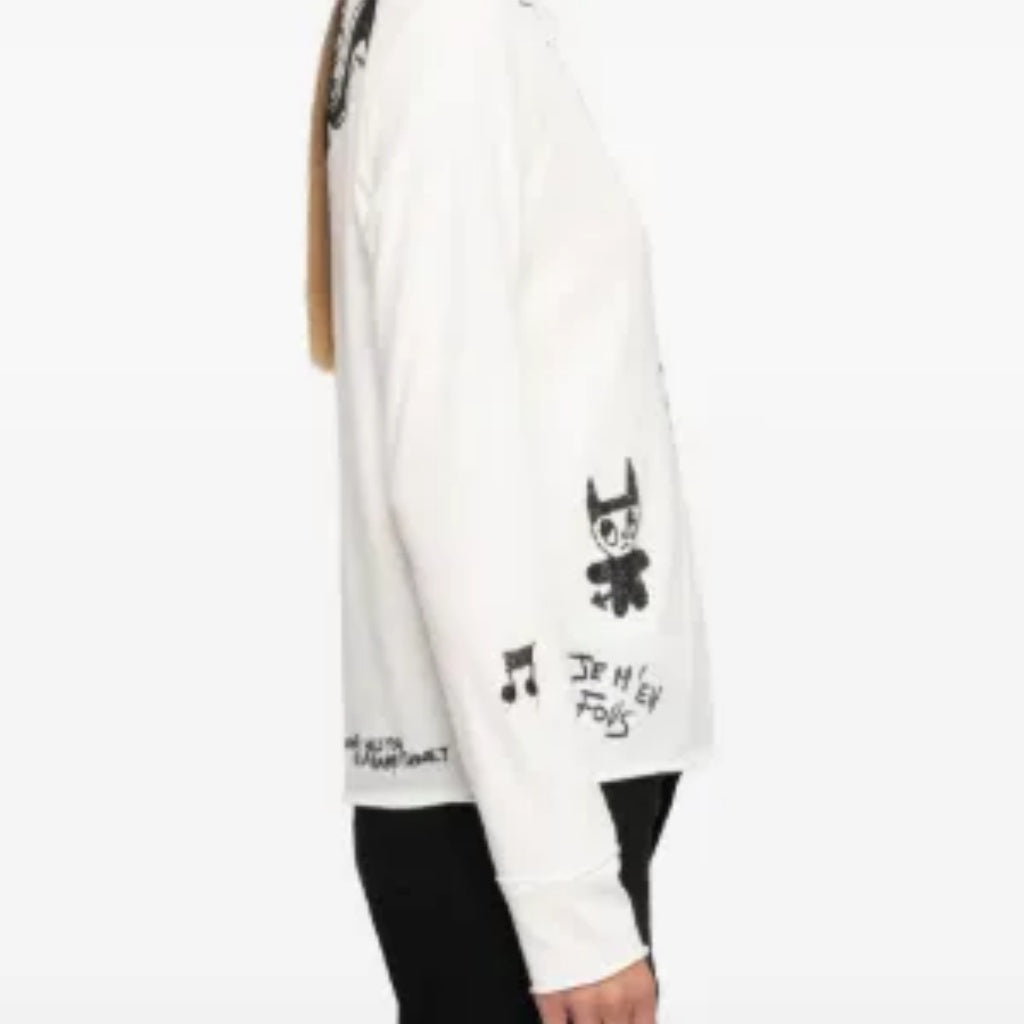 White Rhinestone Graffiti Rock Print Notch V Long Sleeve Tee Top