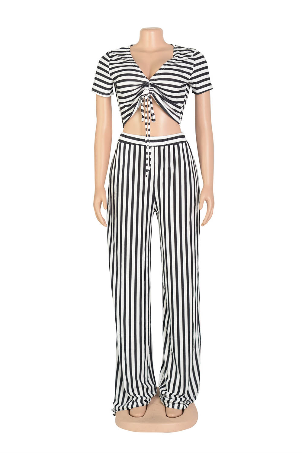 Striped Print V Neck Drawstring Crop Top Wide Leg Pants Casual 2pcs Set-Red