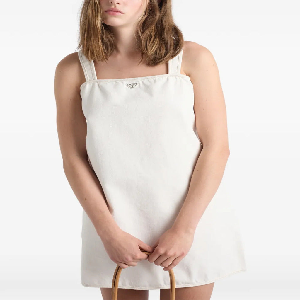 White Logo Plaque Wide Strap Square Neck Mini Shift Dress