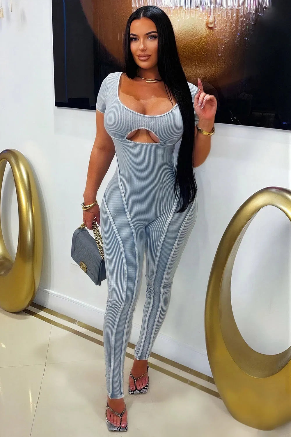Pinstripe U Neck Cut Out Backless Skinny Casual Jumpsuit-Blue