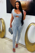 Pinstripe U Neck Cut Out Backless Skinny Casual Jumpsuit-Blue