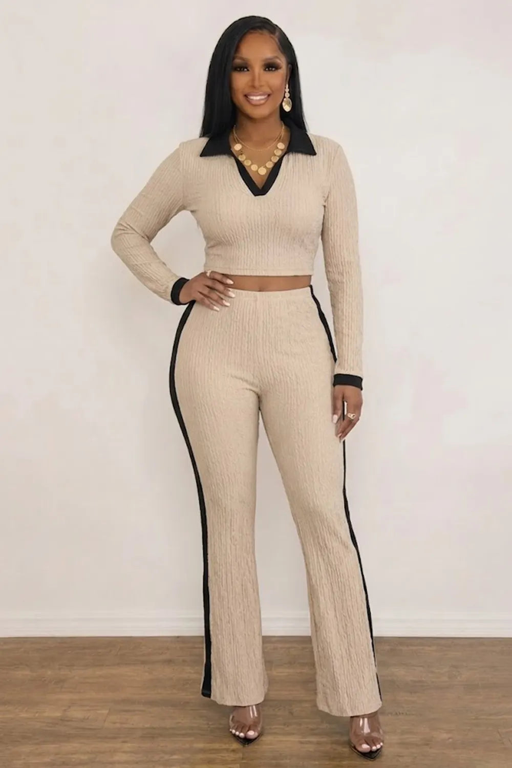 Contrast Trim  Collar Texture Top Flare Leg Pants 2pcs Set-Apricot