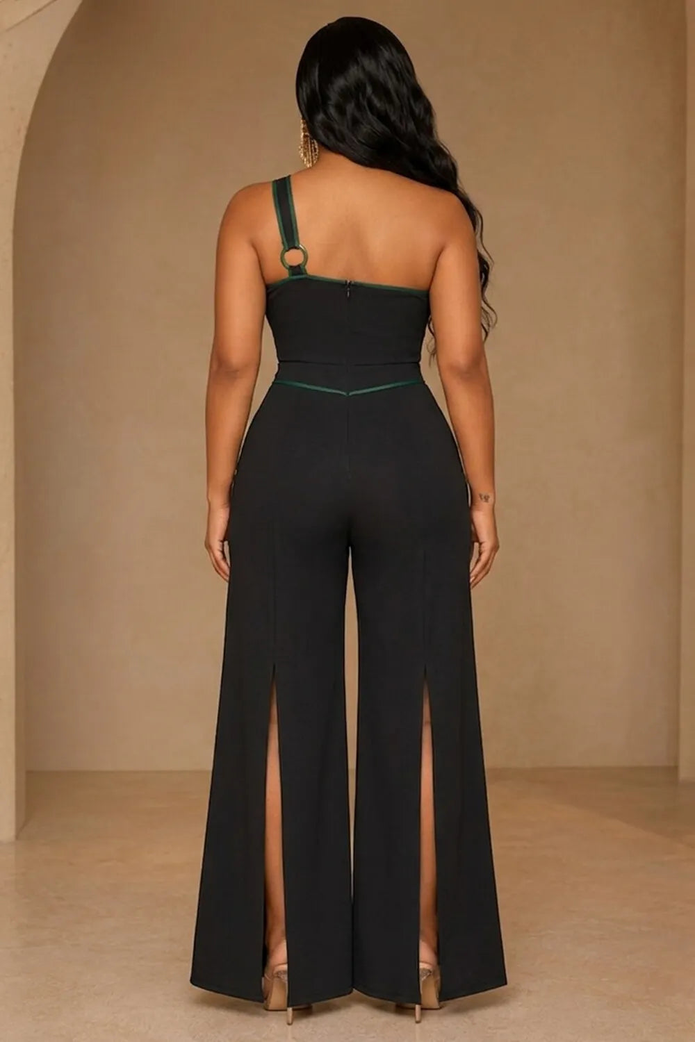 One Shoulder Contrast Piping Cinch Waist Flare Leg Jumpsuit-Black