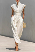 Stand-Up Collar Sleeveless Cinch High Waist Solid Color Maxi Dresses-White
