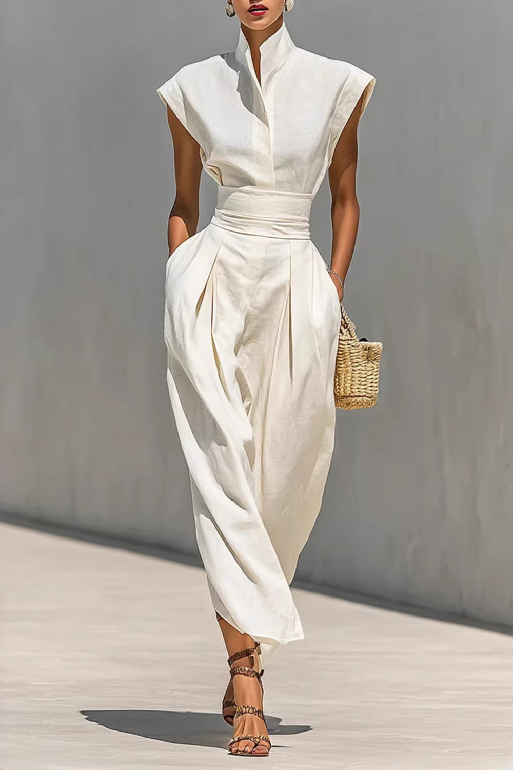 Stand-Up Collar Sleeveless Cinch High Waist Solid Color Maxi Dresses-White