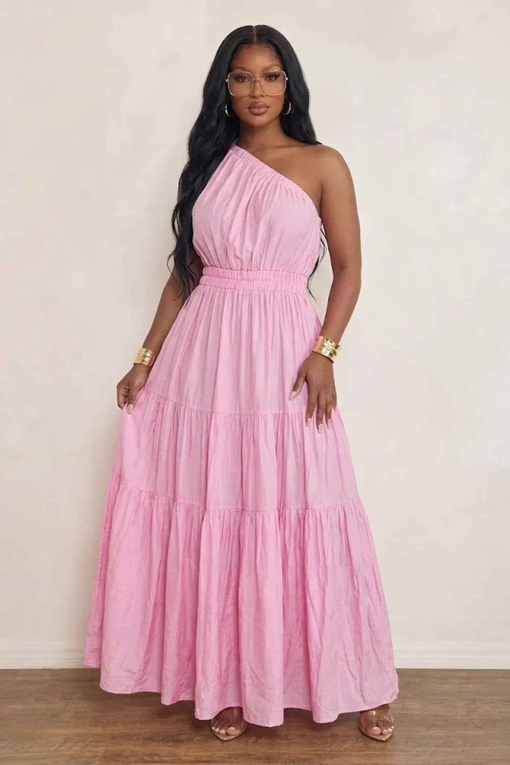 Solid Color One Shoulder Skew Neck Elastic Waist Tiered Maxi Dresses-White