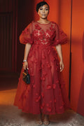 Round Neck Puff Sleeve 3D Flower Tulle Loose Fit Maxi Dresses-Red