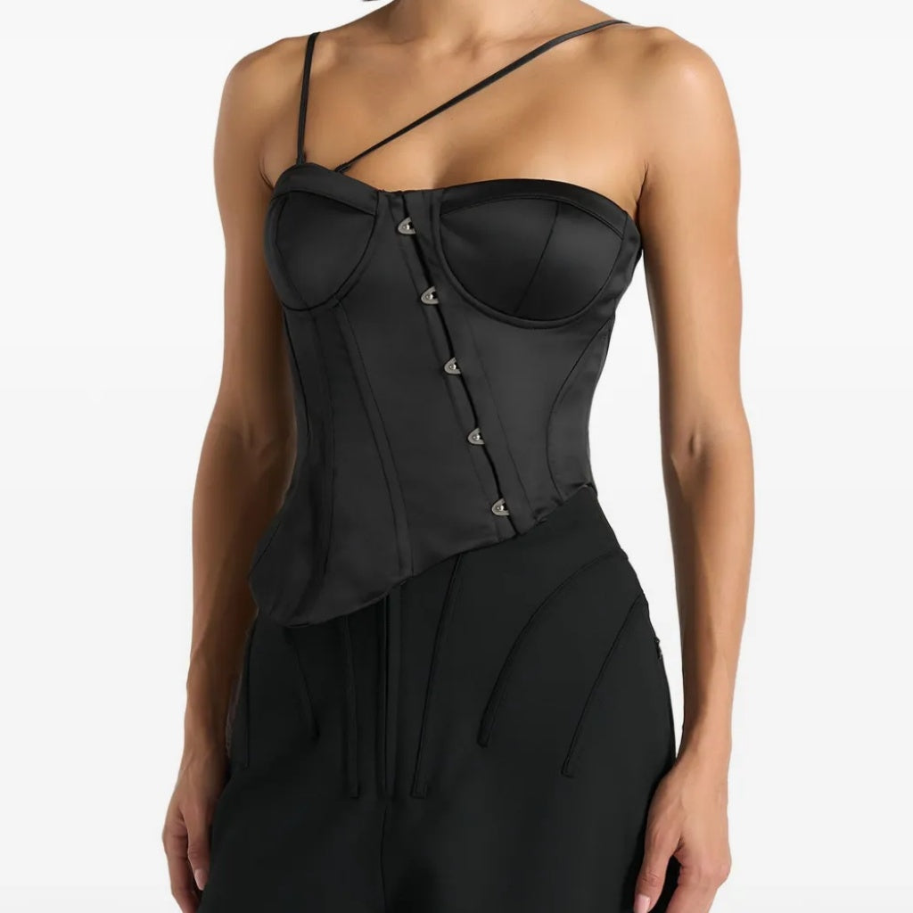 Black Satin Asymmetrical Strap Corset Bustier Top