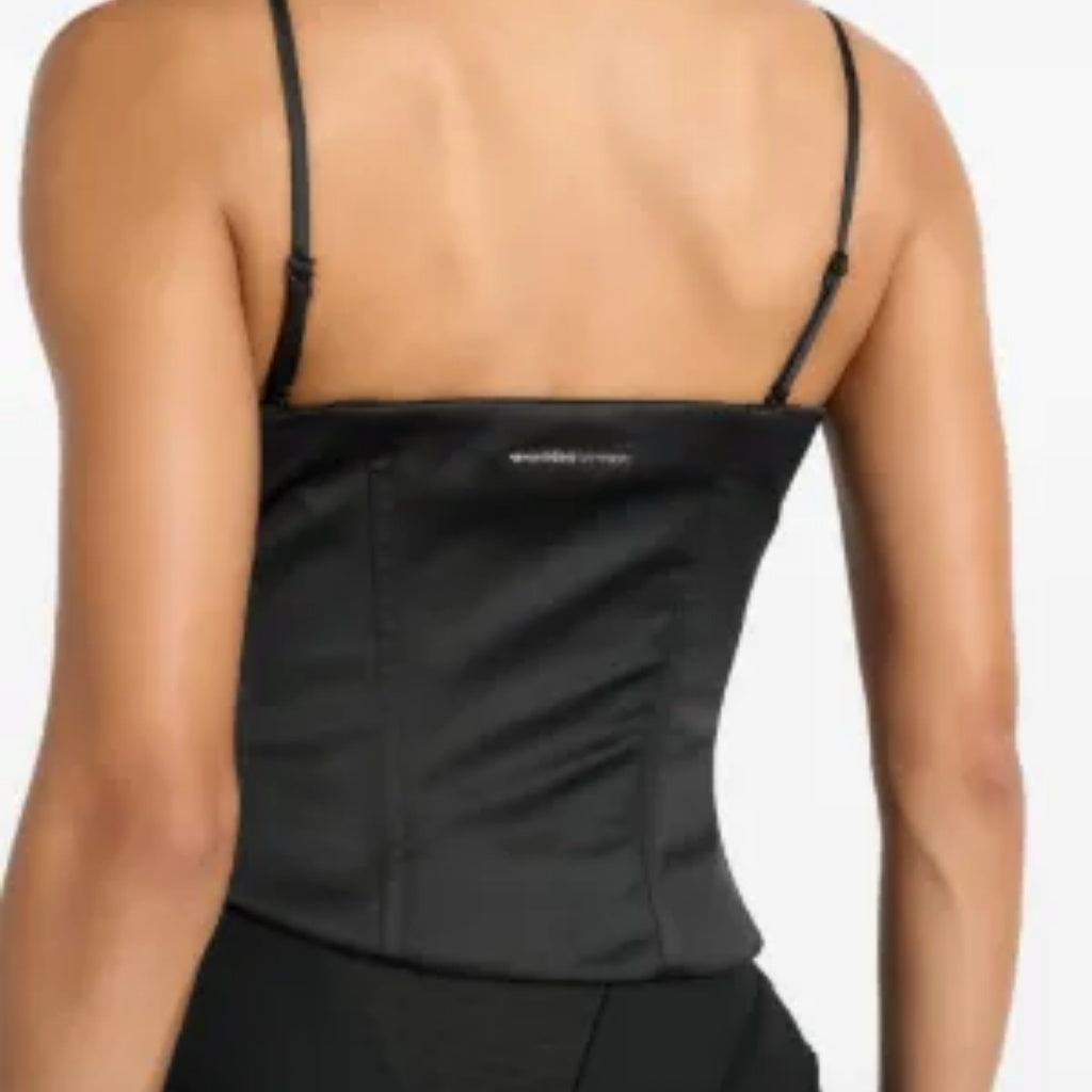 Black Satin Asymmetrical Strap Corset Bustier Top