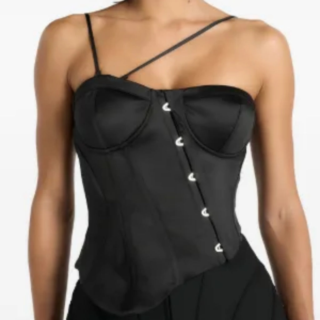 Black Satin Asymmetrical Strap Corset Bustier Top