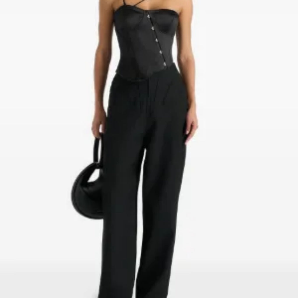 Black Satin Asymmetrical Strap Corset Bustier Top