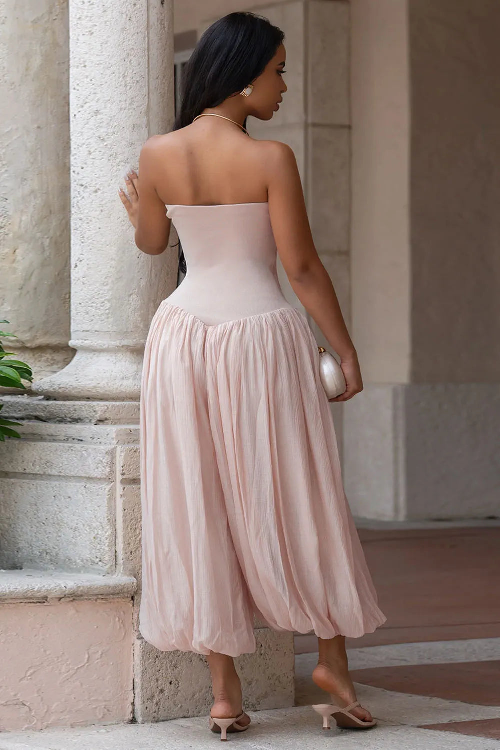 Strapless Bubble Hem Cinch Waist Solid Color Casual Cropped Jumpsuit-Pink
