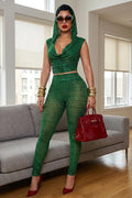 Sequin Hooded Cowl Neck Sleeveless Top Skinny Pants 2pcs Set-Green