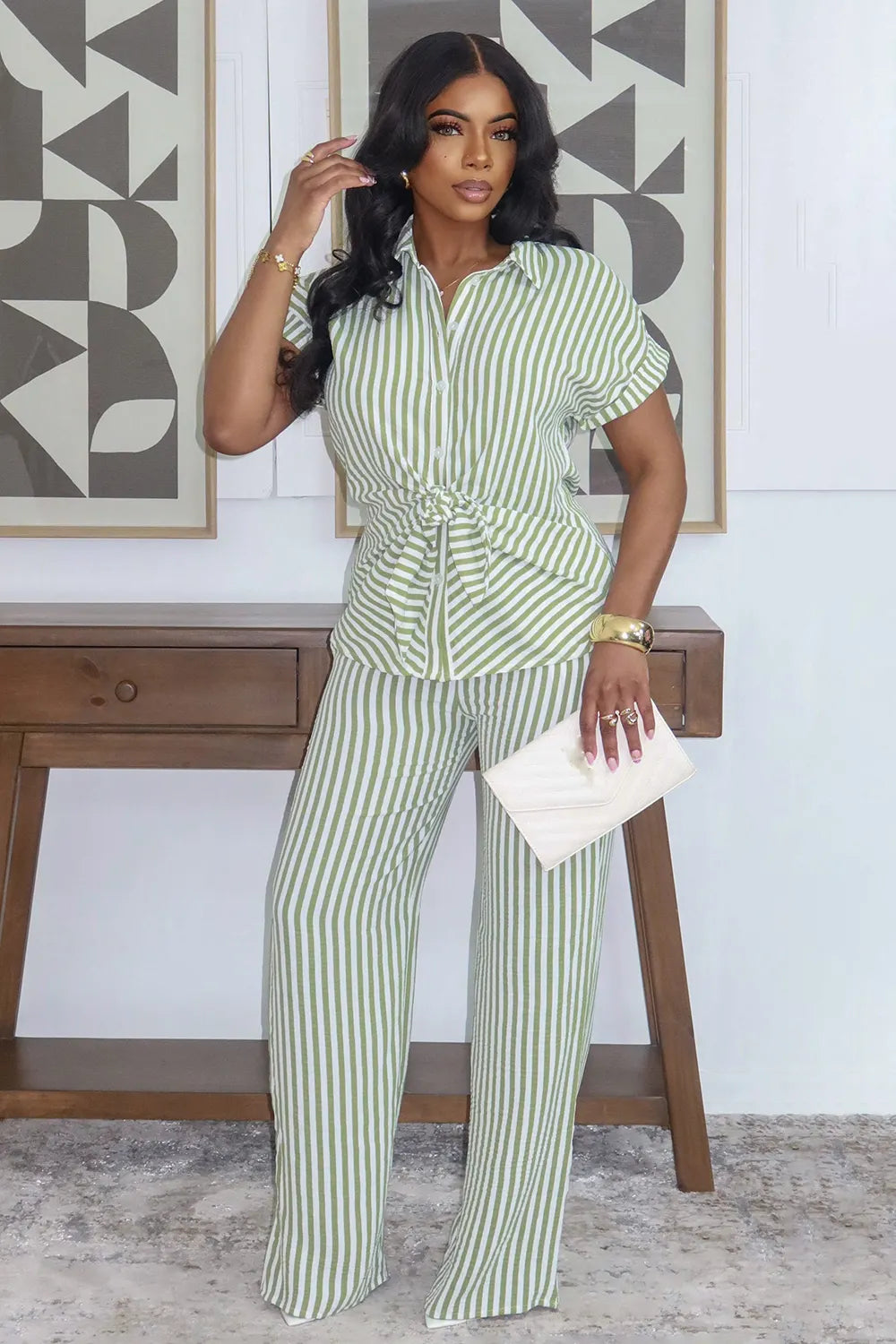 Striped Print Twisted Top Straight Leg Pants 2pcs Set-Green