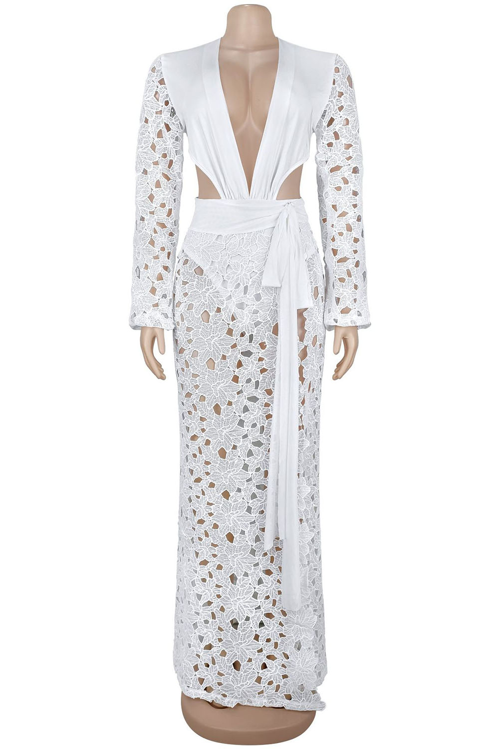 Guipure Lace Cutout Deep V Neck Bodysuit Maxi Skirt Vacation 2pcs Set-White