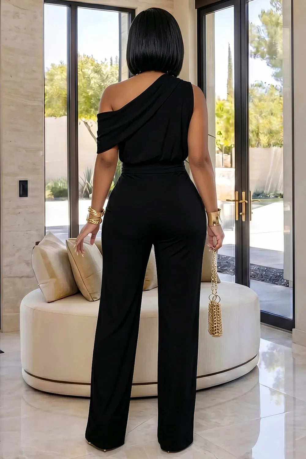 One Shoulder Metal Buckle Cinch Waist Slim Solid Color Casual Jumpsuit-Black