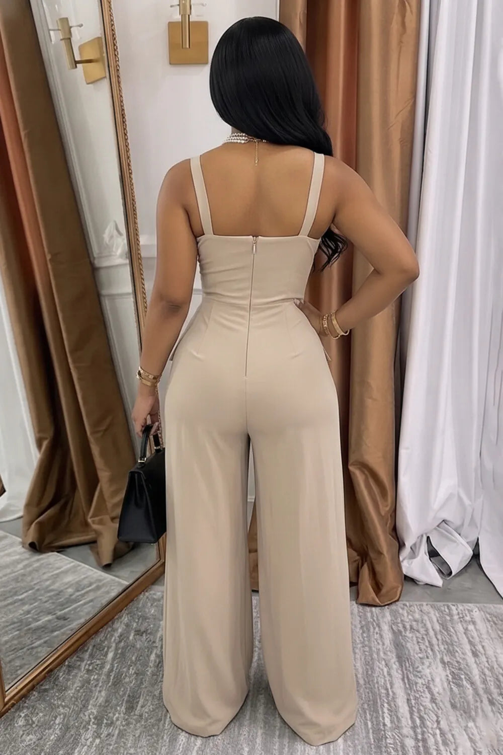 Wide Strap Pocket Decor Wide Leg Pants Casual Jumpsuit-Khaki