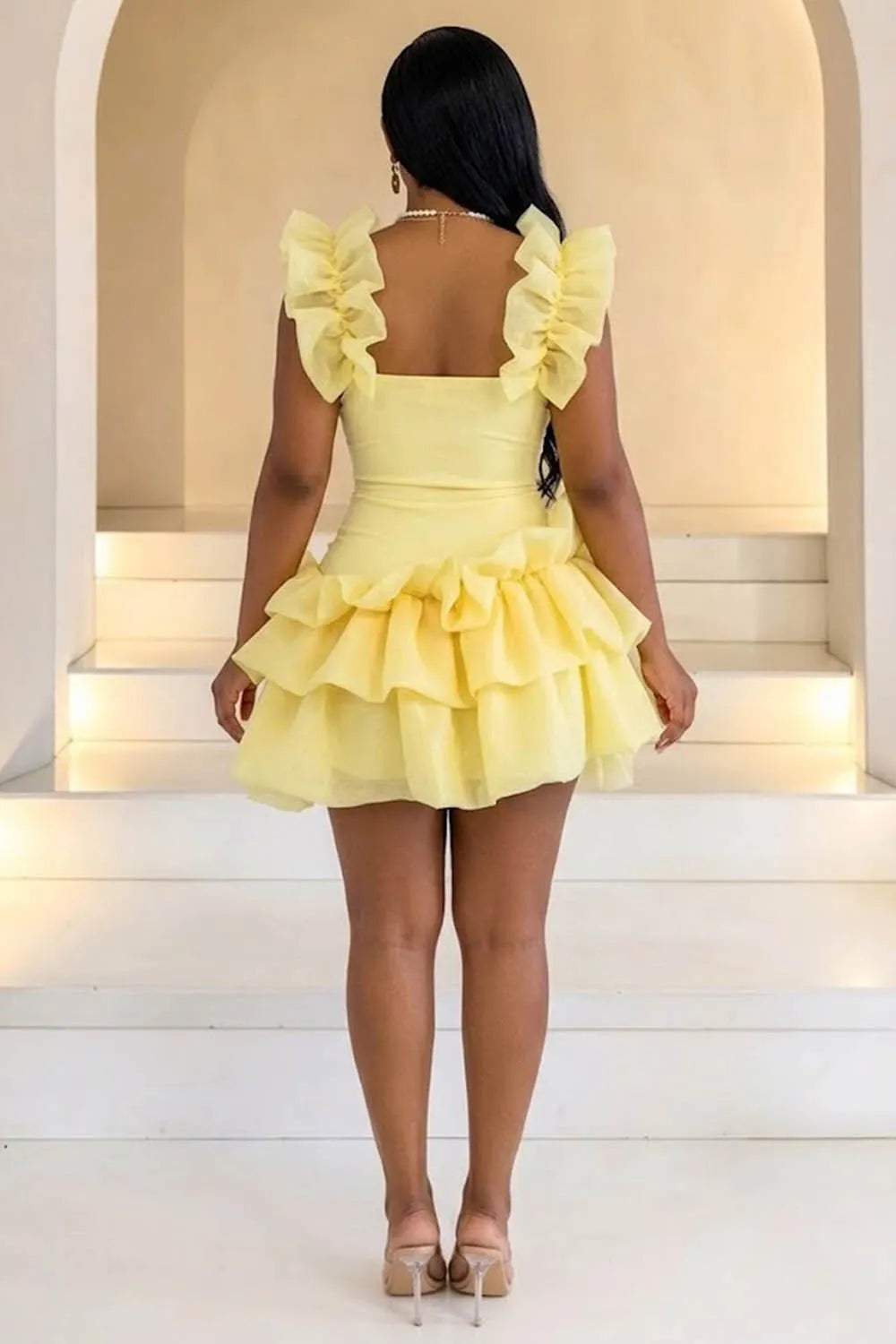 Frilled Straps Sleeveless Cinch Waist Bubble Ruffle Hem Mini Dresses-Yellow