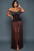 Off Shoulder Rhinestone Fringe Hem Lace-Up Maxi Dresses-Brown