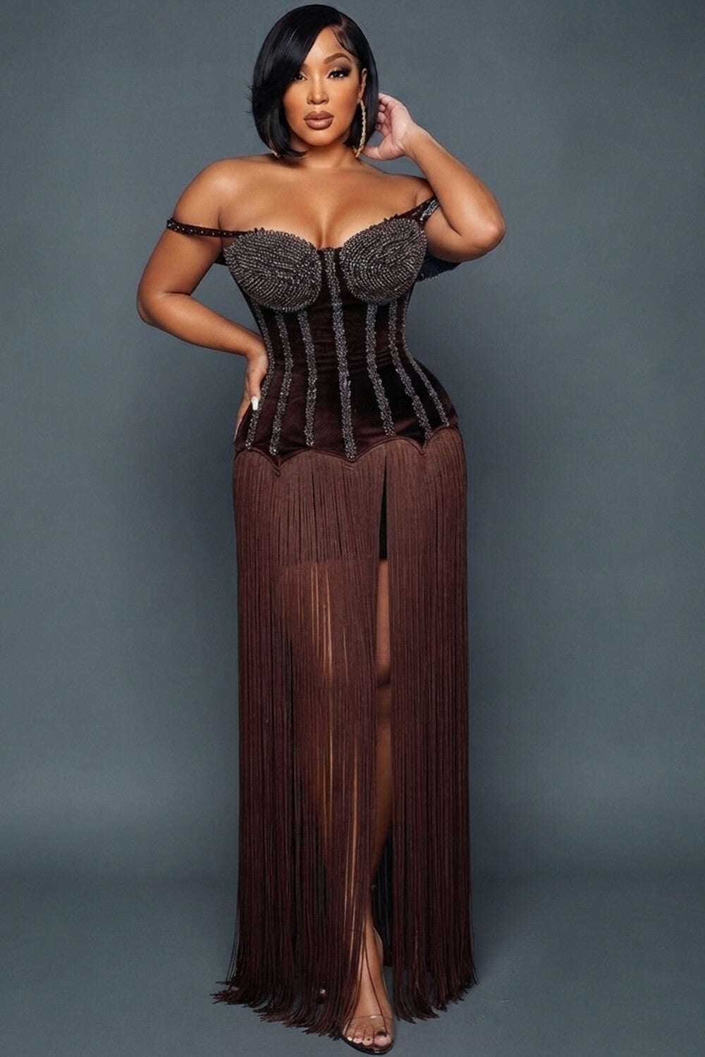 Off Shoulder Rhinestone Fringe Hem Lace-Up Maxi Dresses-Brown