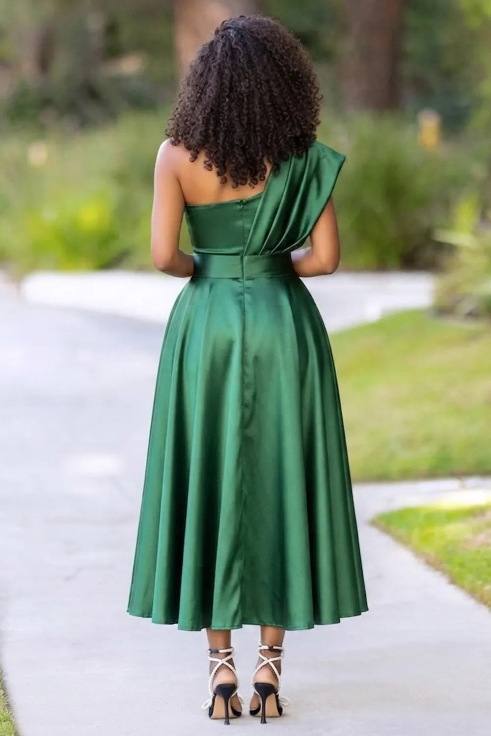 One Shoulder Cinch Waist Solid Color A-Line Midi Dresses-Green
