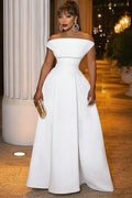 Off Shoulder Cinch Waist Ruffle Trim Hem Gowns Maxi Dresses-White