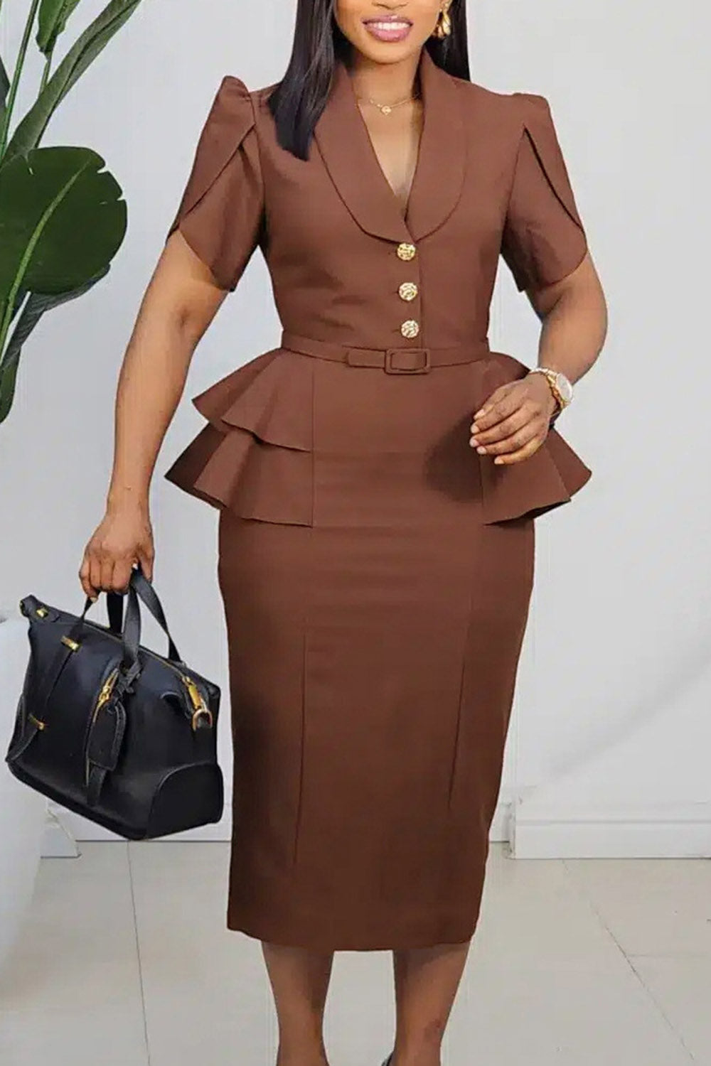 Shawl Lapel Puff Sleeve Ruffle Solid Color Bodycon Formal Midi Dresses-Pink
